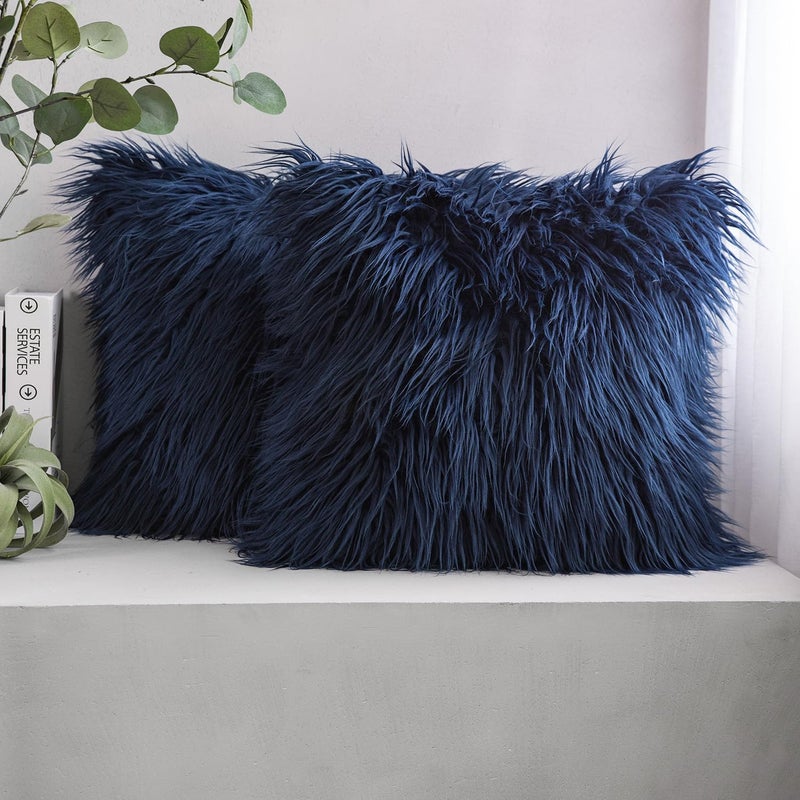 Phantoscope Pack of 2 Faux Fur Solid Throw Decorative Pillow Cover Cushion Covers Luxury Soft Decorative Pillowcase Fuzzy Pillow Covers for Bed/Couch,Navy Blue 22 x 22 Inches - Image 1