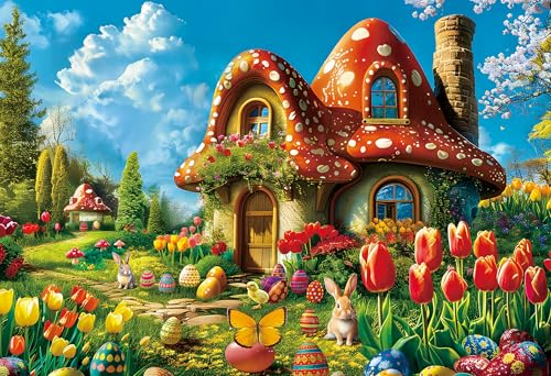 Mulic 300 Piece Puzzles for Adults Kids Easter Puzzles Mushroom House Easter - Image 1