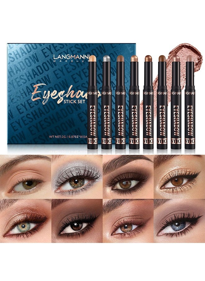 LANGMANNI - Eyeshadow Stick Set, 8 Colors Matte Professional Bright-Colored Contouring And Highlight Eyeshadow Stick, Cream Eyeshadow Waterproof Long Lasting High Pigmented Eye Shadow - Image 1