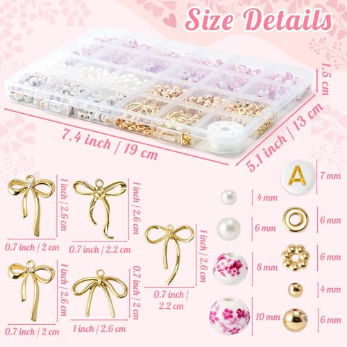 OSNIE Pink Flower Ceramic Beads - 681Pcs Vintage Pink Flower Printed Spacer Beads, Round Porcelain Pearl Gold Bead Making Kit for Women, Bow Charm DIY Jewelry Supplies Handmade Craft Gift for Necklace - Image 2