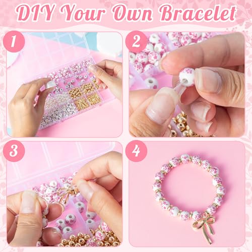 OSNIE Pink Flower Ceramic Beads - 681Pcs Vintage Pink Flower Printed Spacer Beads, Round Porcelain Pearl Gold Bead Making Kit for Women, Bow Charm DIY Jewelry Supplies Handmade Craft Gift for Necklace - Image 3