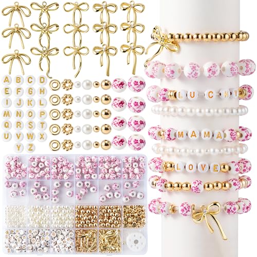 OSNIE Pink Flower Ceramic Beads - 681Pcs Vintage Pink Flower Printed Spacer Beads, Round Porcelain Pearl Gold Bead Making Kit for Women, Bow Charm DIY Jewelry Supplies Handmade Craft Gift for Necklace - Image 1