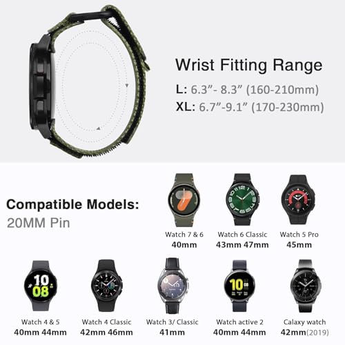Nereides Band Compatible with Samsung Galaxy Watch 7 6 5 4 40mm 44mm/ Watch 6 4 Classic/Watch 5 Pro/Watch 3 Classic 41mm/Active 2, 20mm Nylon Replacement Sports Strap for Men Women(Army Green,L) - Image 4