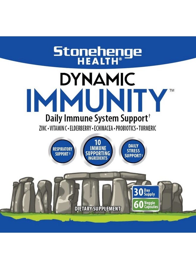 Stonehenge Health - Dynamic Immunity Daily Supplement 10In1 Immune Boosters Zinc Elderberry Echinacea Vitamin C & Probiotic L. Acidophilus Supports Immune System & Respiratory Health 60 Capsules - Image 1