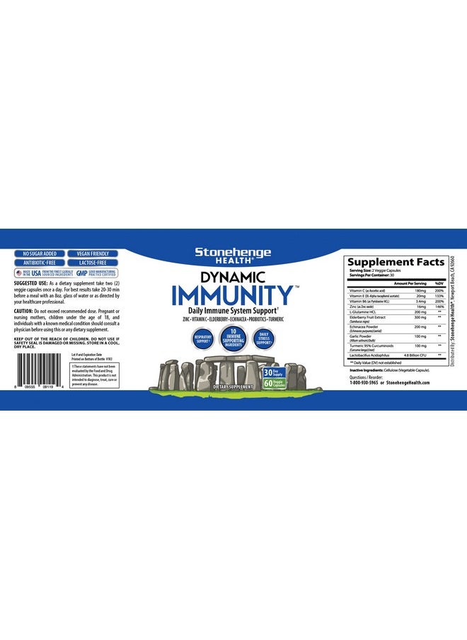 Stonehenge Health - Dynamic Immunity Daily Supplement 10In1 Immune Boosters Zinc Elderberry Echinacea Vitamin C & Probiotic L. Acidophilus Supports Immune System & Respiratory Health 60 Capsules - Image 1
