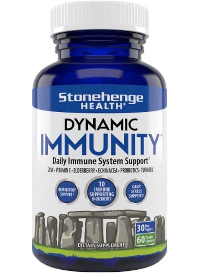 Stonehenge Health - Dynamic Immunity Daily Supplement 10In1 Immune Boosters Zinc Elderberry Echinacea Vitamin C & Probiotic L. Acidophilus Supports Immune System & Respiratory Health 60 Capsules - Image 1