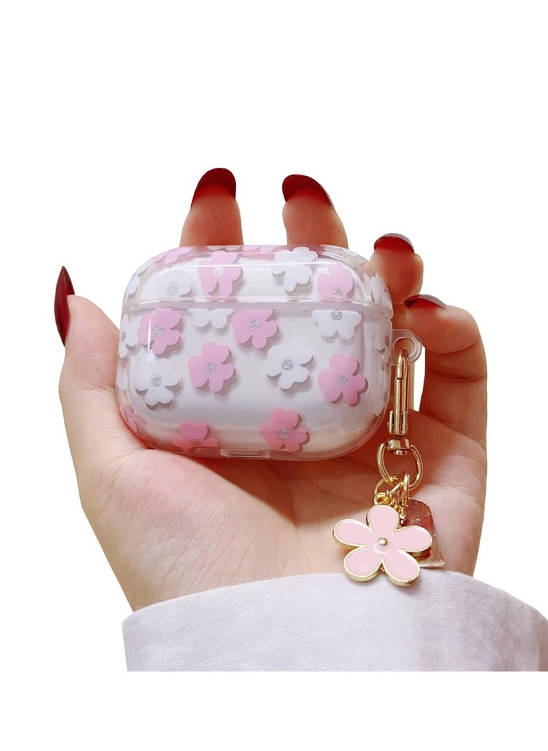 SYOSI Keychain Case for AirPods 3rd Gen (2021), Cute Clear Pink Floral Cover Protective Flower Earphone Case Soft Transparent TPU Case Transparent Flower Pattern Case for AirPods 3 Case Women Girl  - Image 1