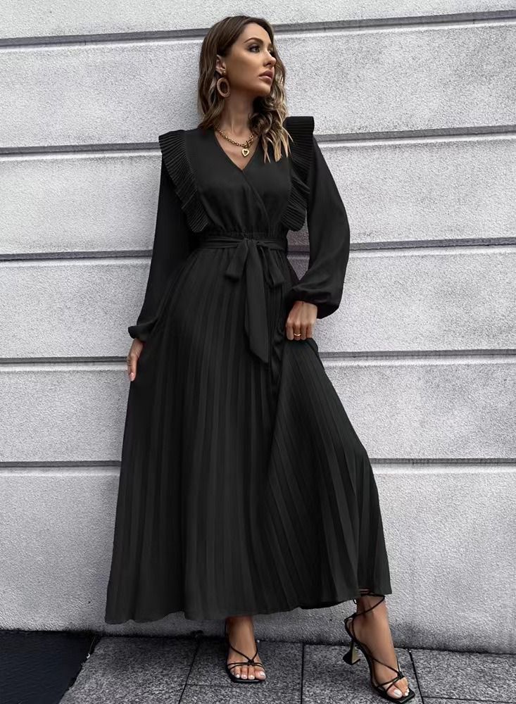 Loquat Temperament V neck Swing Pleated Dress  - Image 2