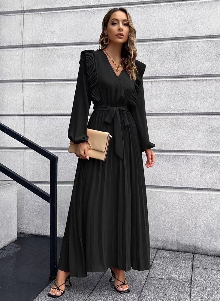 Loquat Temperament V neck Swing Pleated Dress  - Image 1