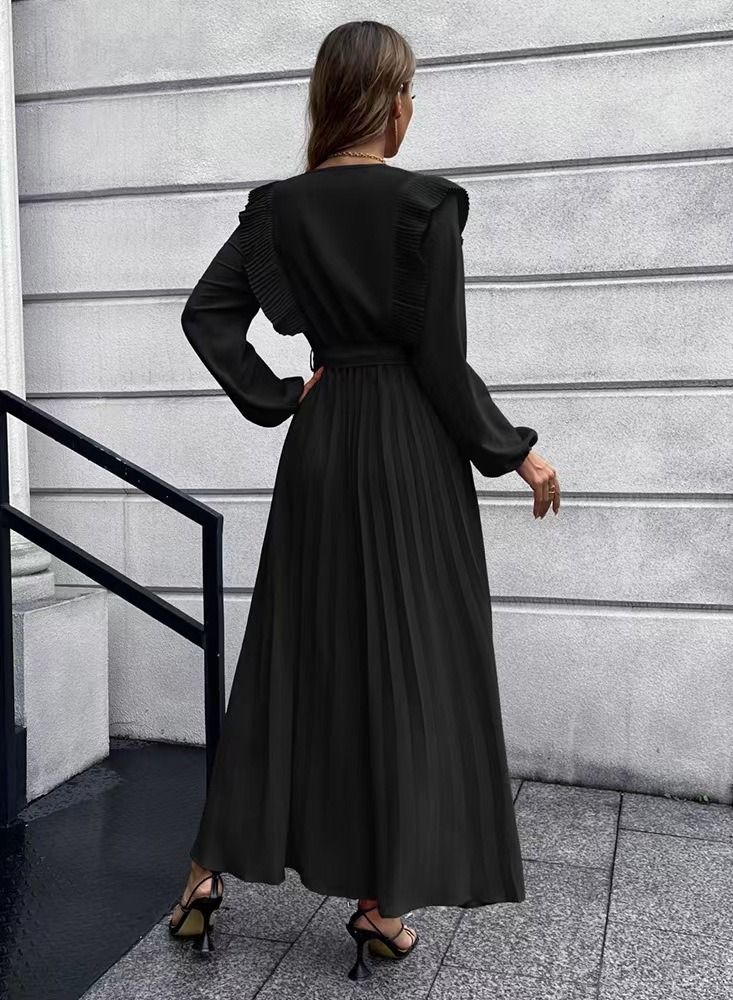 Loquat Temperament V neck Swing Pleated Dress  - Image 3