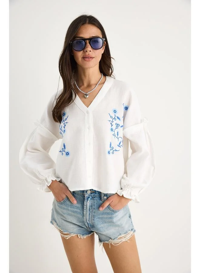 Ginger Boho Embroidered Button Up Blouse