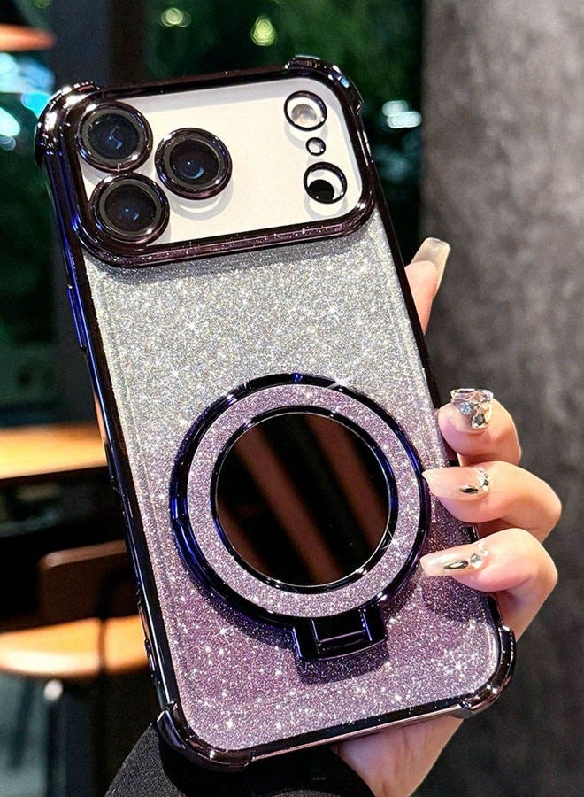 حافظة مغناطيسية لامعة لهاتف iPhone 17 Pro Max، واقي عدسة الكاميرا اللامع، حامل لامع، مرآة مكياج، تدعم الشحن اللاسلكي، غطاء فاخر مقاوم للصدمات لهاتف iPhone 17 Pro Max، أرجواني - Image 2