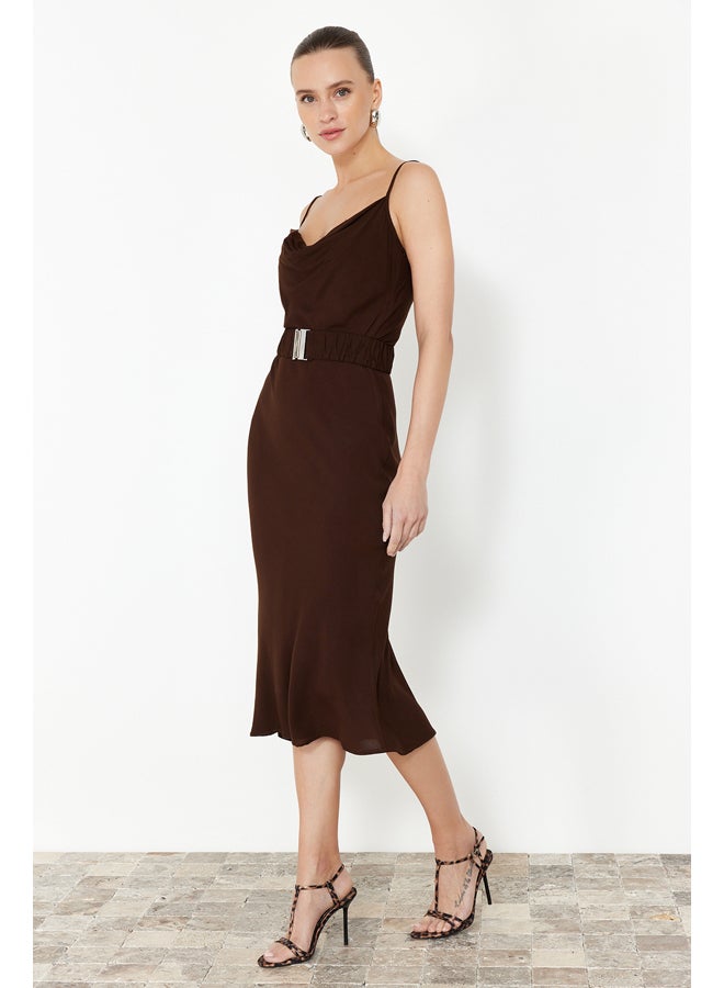 trendyol Brown Belted Shift/Straight Cut Lace Collar Midi Woven Dress TWOSS21EL2394 - Image 1