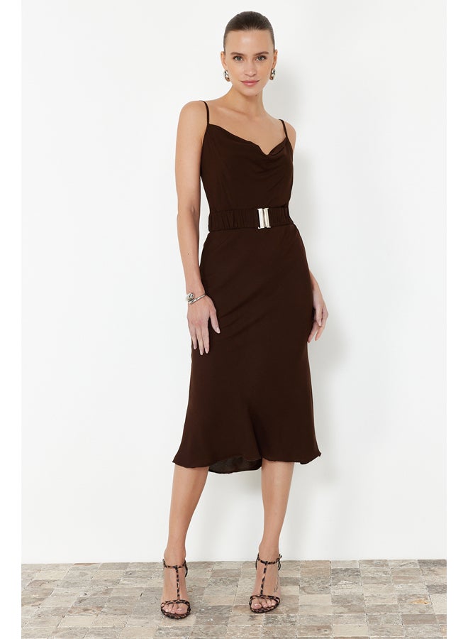 trendyol Brown Belted Shift/Straight Cut Lace Collar Midi Woven Dress TWOSS21EL2394 - Image 2