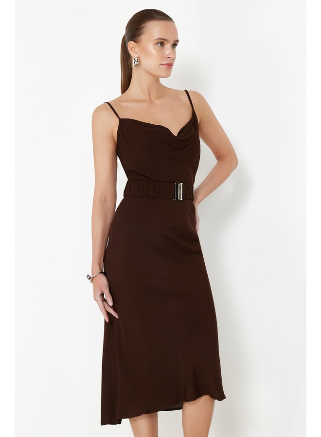 trendyol Brown Belted Shift/Straight Cut Lace Collar Midi Woven Dress TWOSS21EL2394 - Image 3
