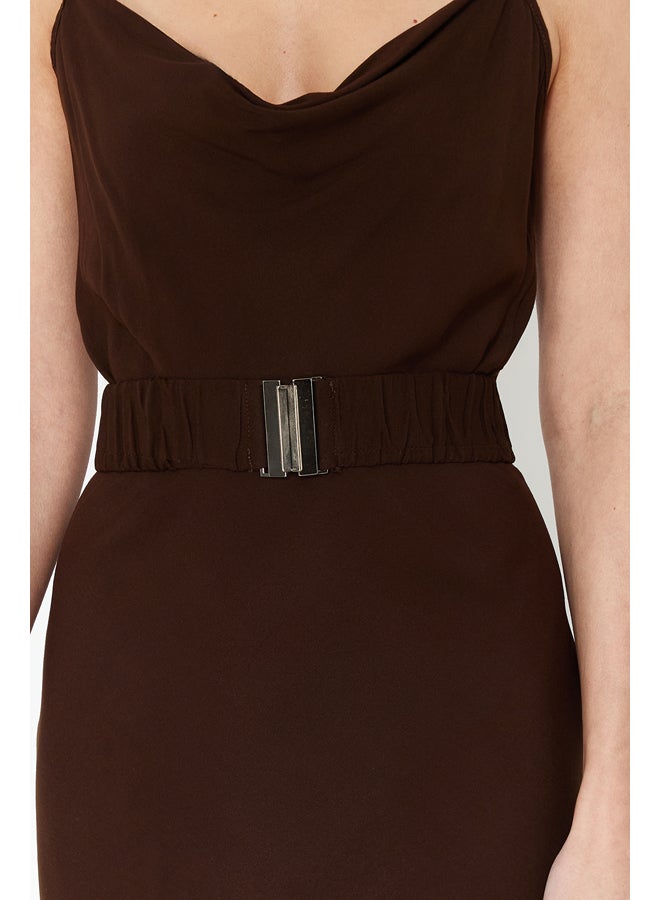 trendyol Brown Belted Shift/Straight Cut Lace Collar Midi Woven Dress TWOSS21EL2394 - Image 4