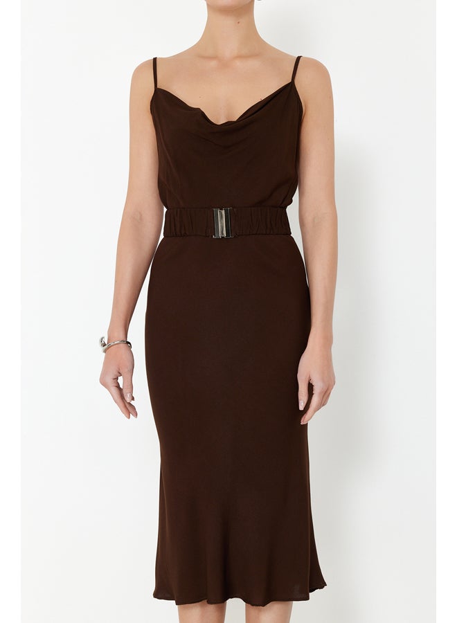 trendyol Brown Belted Shift/Straight Cut Lace Collar Midi Woven Dress TWOSS21EL2394 - Image 5