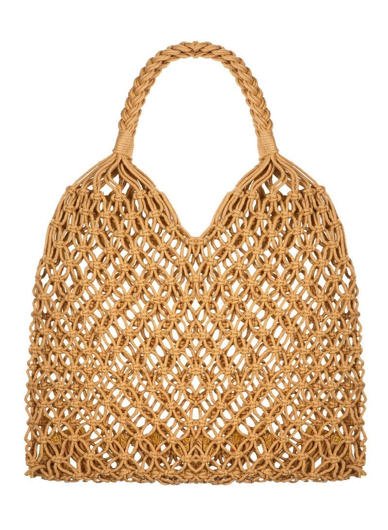 كابتن تيك Travel Beach Bag - Crochet Cotton Rope Macrame, Versatile Travel & Fishing Net Handbag, Woven Shoulder Mesh Purse for Women  - Image 1