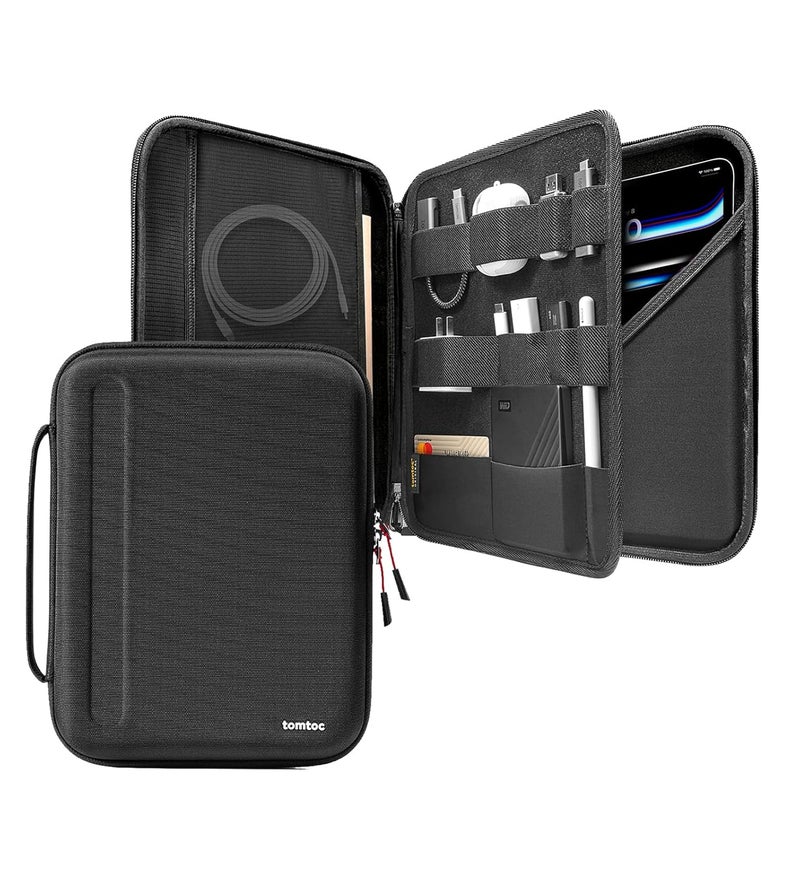 Tomtoc محفظة لجهاز iPad Pro بحجم 12.9 بوصة 2022/2021/2020، غلاف واقي مع جيب للإكسسوارات، حقيبة تخزين محمولة لجهاز iPad Pencil/محولات/مراكز/كابلات/لوحة المفاتيح السحرية، تناسب Surface Pro 12.3، أسود - Image 1