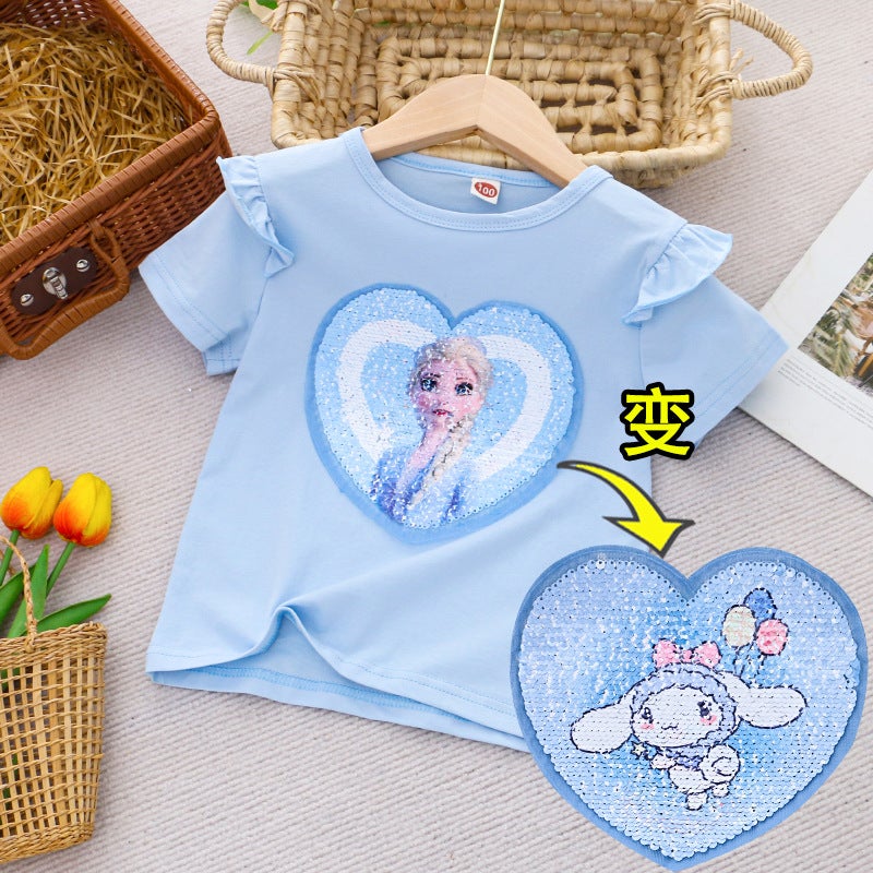 Girls Double-Sided Color-Changing Sequined T-Shirt – Short Sleeve Summer Top for Ages 3-8 - Image 1