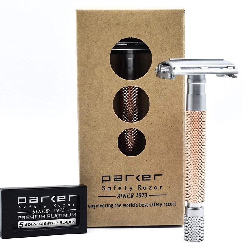 Parker Safety Razor Parker 74R Rose Gold  Long Handle Heavyweight Butterfly Open Double Edge Safety Razor for Men 5 Parker Premium Platinum Double Edge Razor Blades included