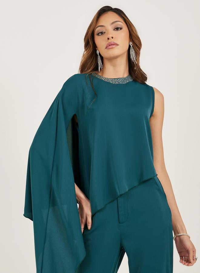 Styli Round Neck One Cape Sleeve Top and Pants Co-Ords  - Image 2