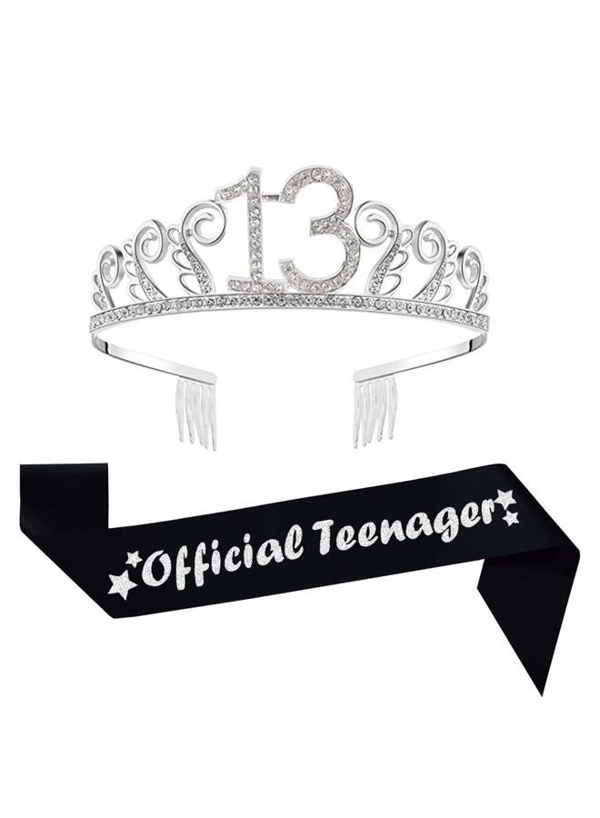 Mayin 13th Birthday Silver Tiara and Black Sash Glitter Satin Sash and Crystal Rhinestone Tiara Crown for Happy 13th Birthday Party Supplies Favors Decorations 13th Birthday Party Accessories - Image 1