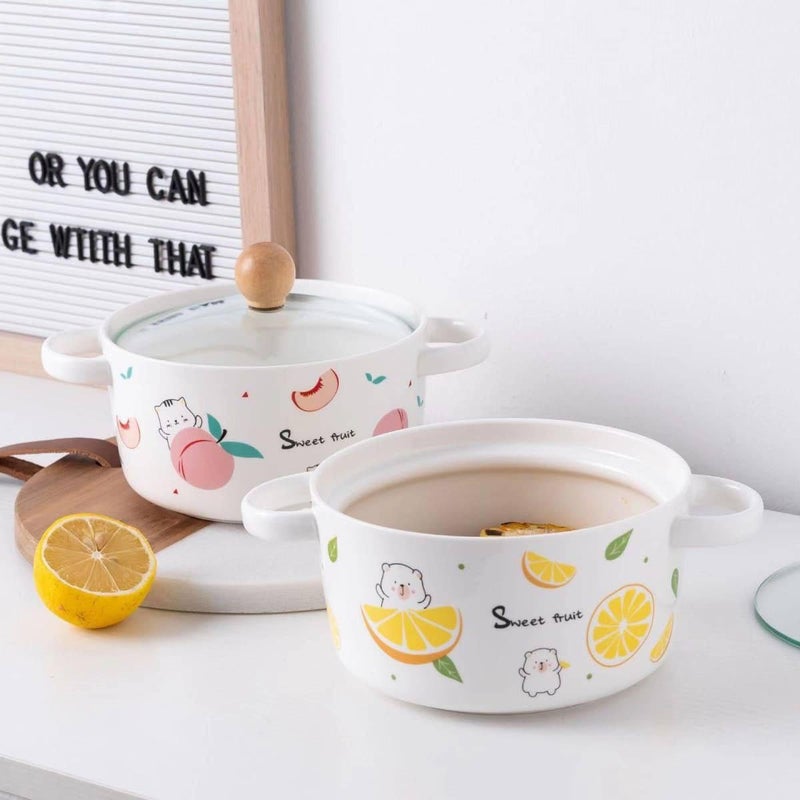 Generic Ceramic Casserole Dish with Glass Lid and Wooden Handle, White, Cute Fruit Design, 17.5 cm, Stovetop, Oven and Microwave Safe, .sew