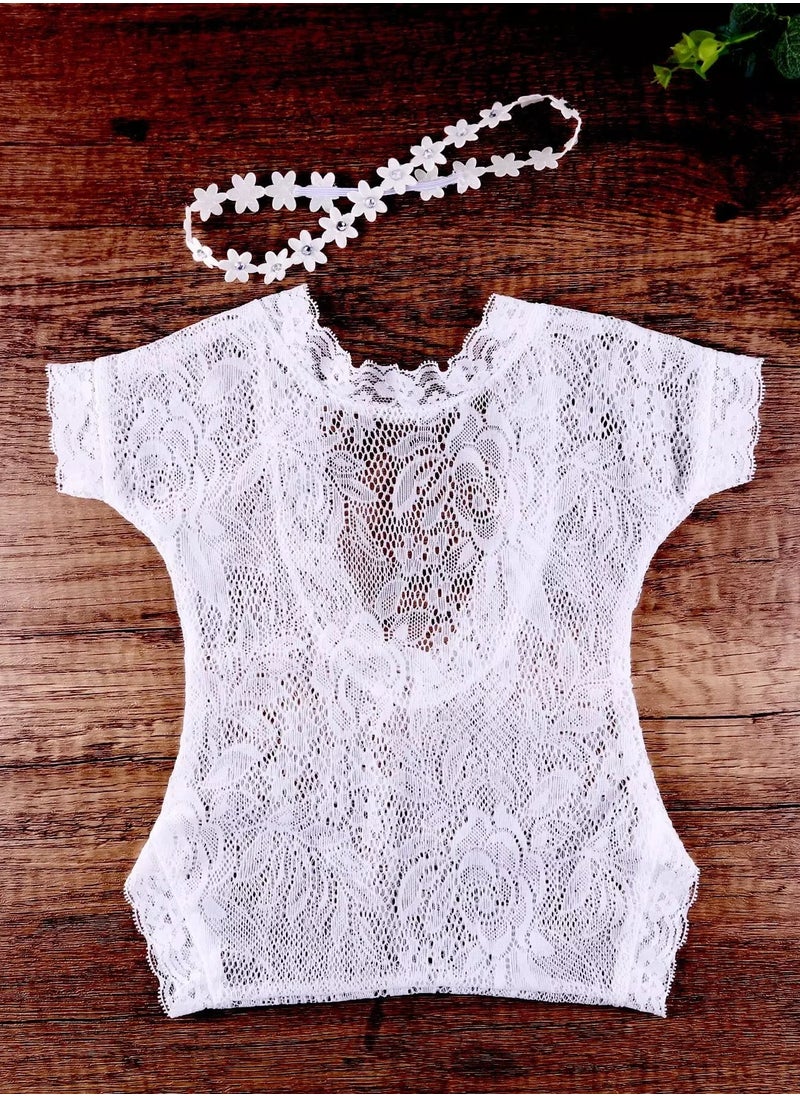 Generic Newborn Girl Lace Sheer Bodysuit & Headband Photography Props  - Image 4