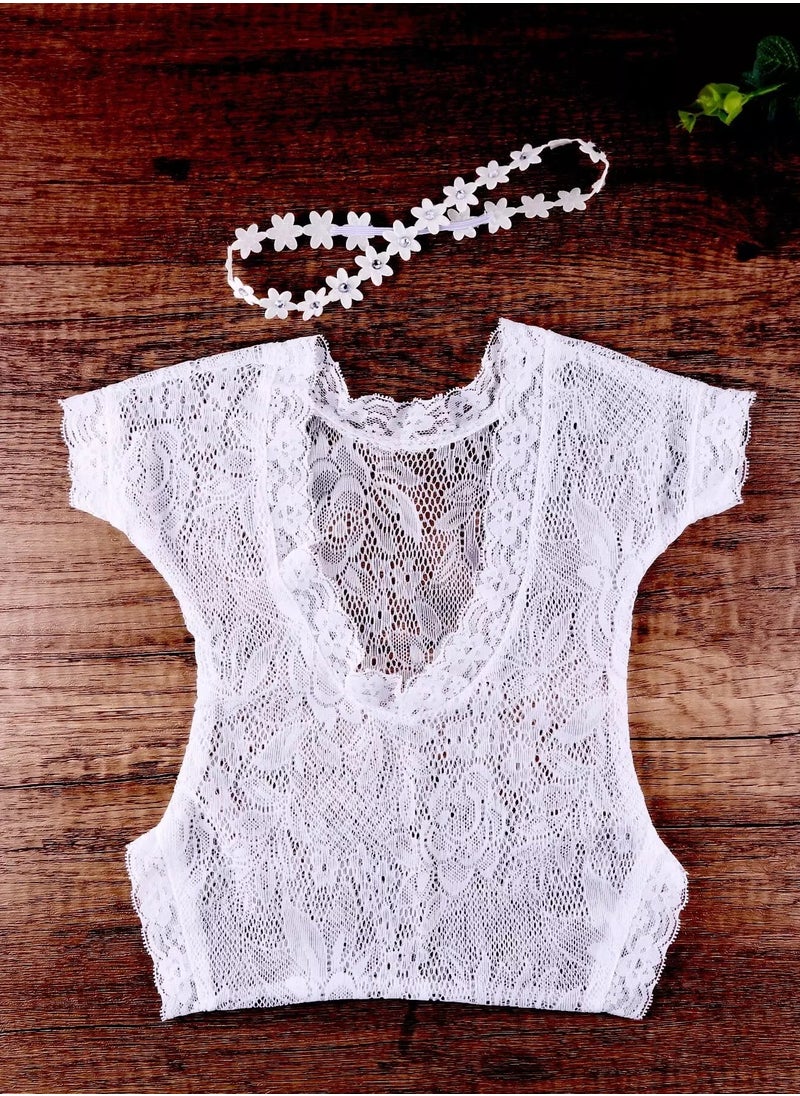 Generic Newborn Girl Lace Sheer Bodysuit & Headband Photography Props  - Image 3