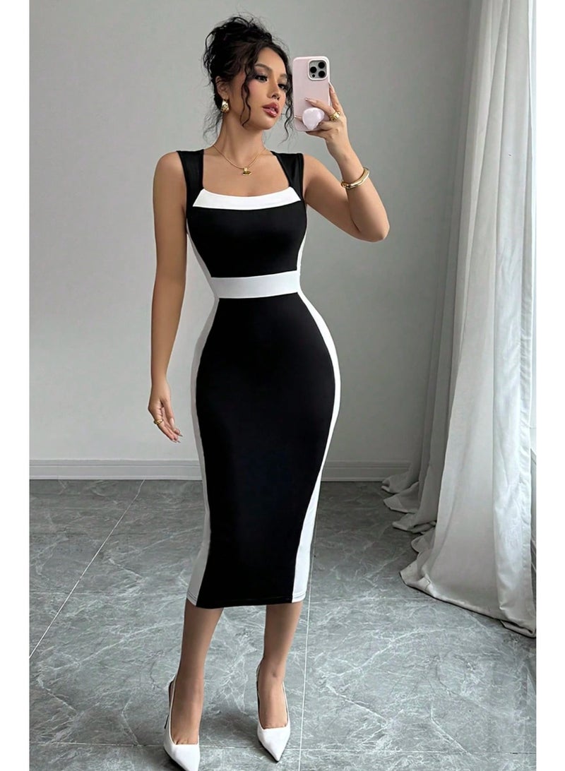 EMERY ROSE Women's Elegant Commuter Casual Black & White Mid-Length Slip Dress, Spring/Summer - Image 2
