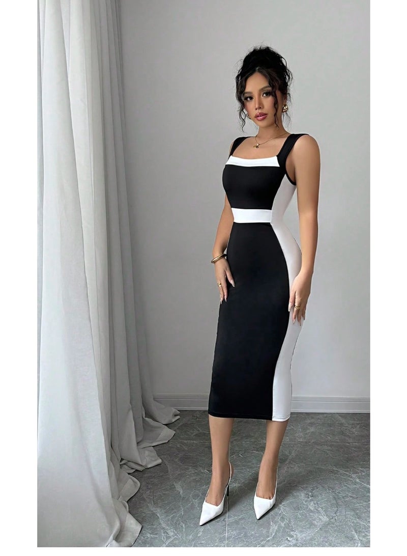 EMERY ROSE Women's Elegant Commuter Casual Black & White Mid-Length Slip Dress, Spring/Summer - Image 4