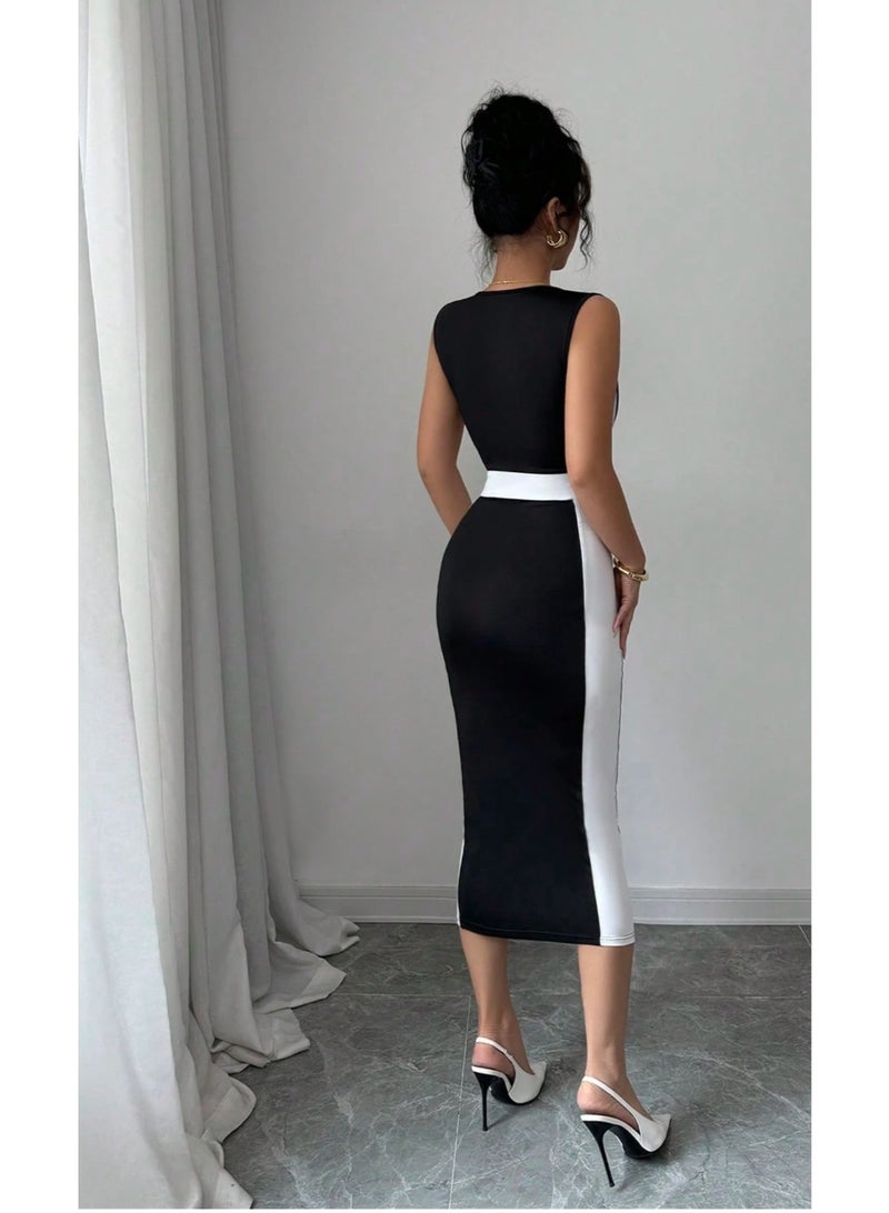 EMERY ROSE Women's Elegant Commuter Casual Black & White Mid-Length Slip Dress, Spring/Summer - Image 5