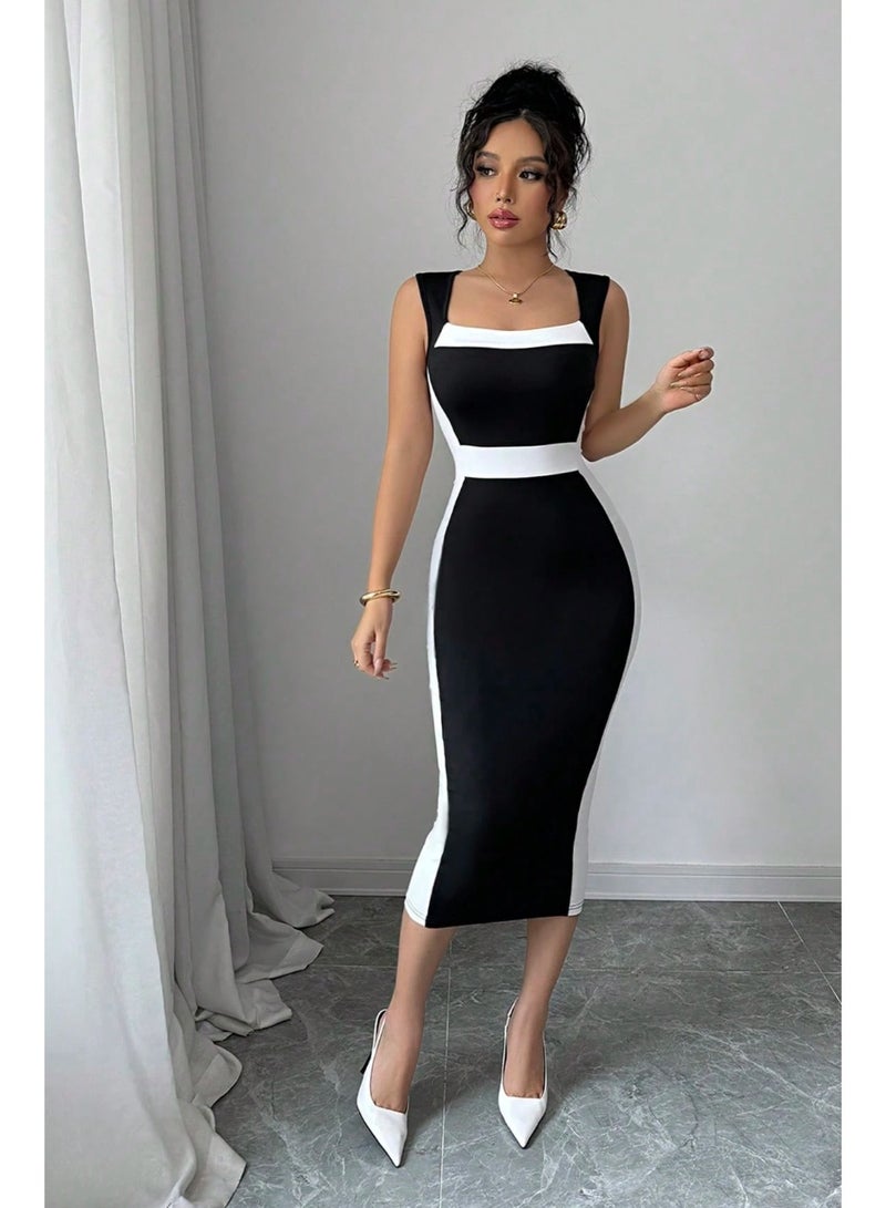 EMERY ROSE Women's Elegant Commuter Casual Black & White Mid-Length Slip Dress, Spring/Summer - Image 3