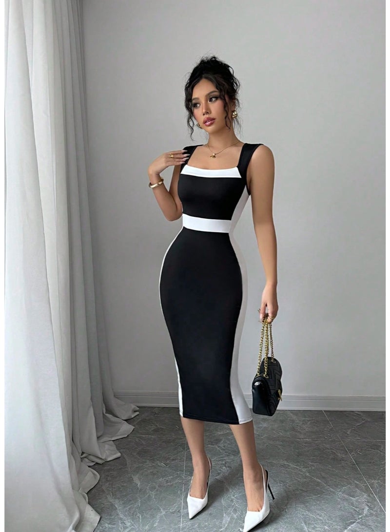EMERY ROSE Women's Elegant Commuter Casual Black & White Mid-Length Slip Dress, Spring/Summer - Image 1