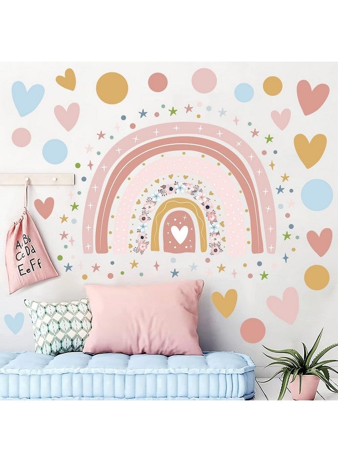 Supzone Rainbow Flower Wall Stickers - Boho Rainbow Wall Decal with Colorful Dots, Hearts, Stars for Girls Baby Nursery Bedroom Playroom DIY Vinyl Mural Art - Image 1