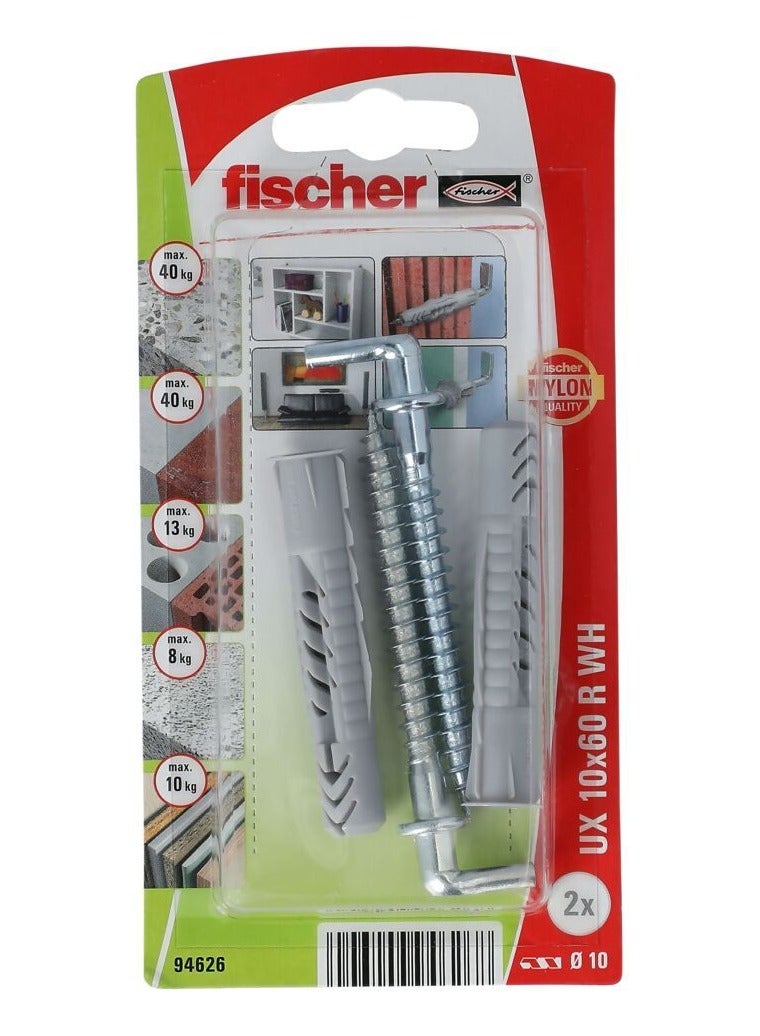 Fischer Nylon Universal Fixing Plug W/Angle Hook UX 10x60 WH B 2Pcs