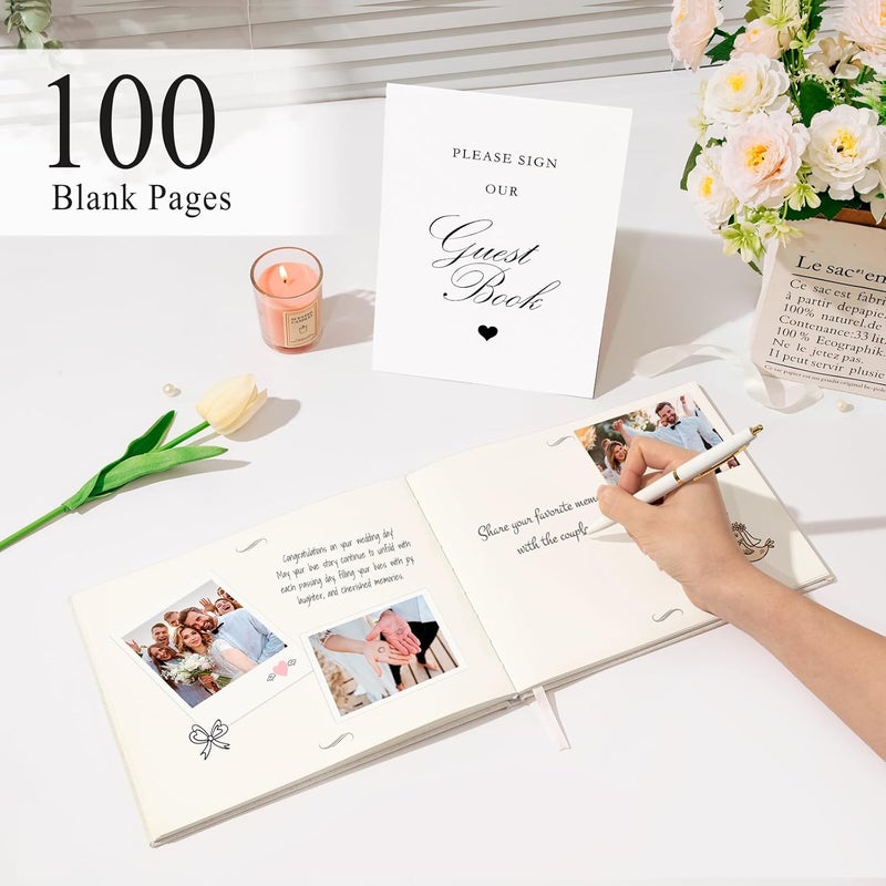 SUNEE Wedding Guest Book - Polaroid Guest Book Weddings Reception, Linen Cover 7" x 9" Guest Book for Baby Shower, Birthdays and Special Events, 100 Blank Pages for Wedding Sign in and Photos, Beige - Image 3