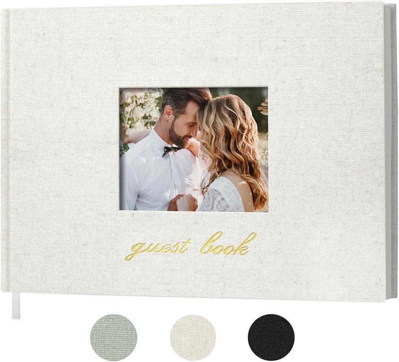 SUNEE Wedding Guest Book - Polaroid Guest Book Weddings Reception, Linen Cover 7" x 9" Guest Book for Baby Shower, Birthdays and Special Events, 100 Blank Pages for Wedding Sign in and Photos, Beige - Image 1