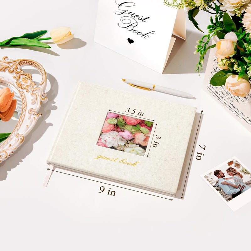 SUNEE Wedding Guest Book - Polaroid Guest Book Weddings Reception, Linen Cover 7" x 9" Guest Book for Baby Shower, Birthdays and Special Events, 100 Blank Pages for Wedding Sign in and Photos, Beige - Image 2