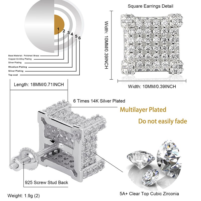 TOPGRILLZ 925 Sterling Silver Square Screw Stud Earrings 14K Gold Plated 5A+ Cubic Zirconia Iced Out Square Screw Back Hypoallergenic Cube Large Stud Earrings For Men Women(03Silver) - Image 2