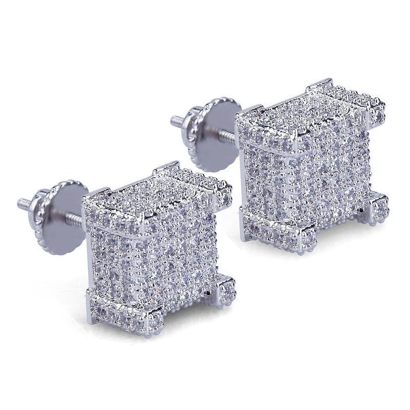 TOPGRILLZ 925 Sterling Silver Square Screw Stud Earrings 14K Gold Plated 5A+ Cubic Zirconia Iced Out Square Screw Back Hypoallergenic Cube Large Stud Earrings For Men Women(03Silver) - Image 1