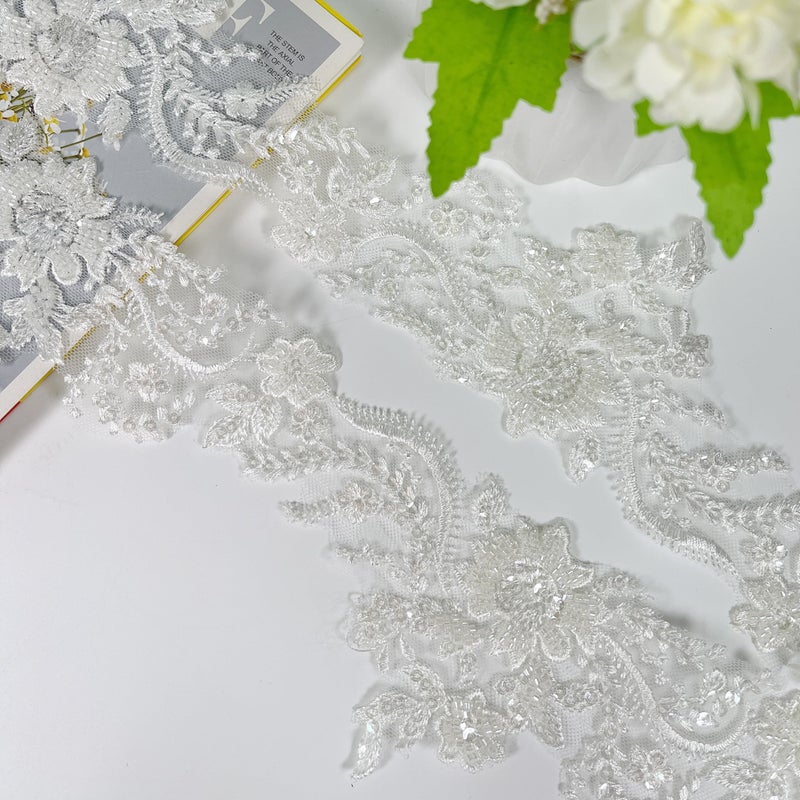 VIRFONOR 2yard Embroidered Lace Trim with Sequins and Beads,Floral Lace AppliquÃ© Ribbon for Wedding Dresses, Gowns, Headpieces, DIY Sewing Crafts (Pattern F) - Image 4