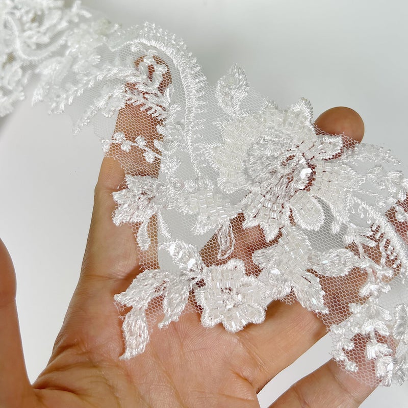 VIRFONOR 2yard Embroidered Lace Trim with Sequins and Beads,Floral Lace AppliquÃ© Ribbon for Wedding Dresses, Gowns, Headpieces, DIY Sewing Crafts (Pattern F) - Image 5
