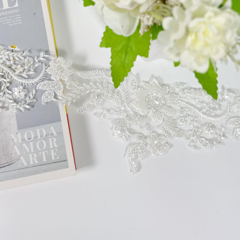 VIRFONOR 2yard Embroidered Lace Trim with Sequins and Beads,Floral Lace AppliquÃ© Ribbon for Wedding Dresses, Gowns, Headpieces, DIY Sewing Crafts (Pattern F) - Image 2