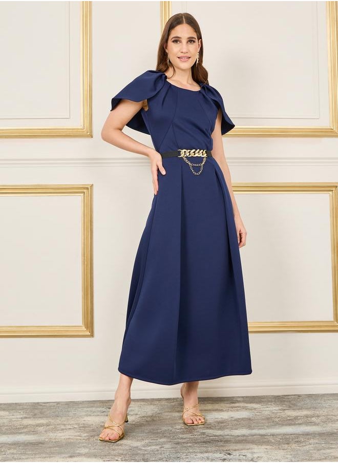 Styli Styli Pleated Cape Sleeves Chain Accent Belted A-Line Midi Dress  - Image 1