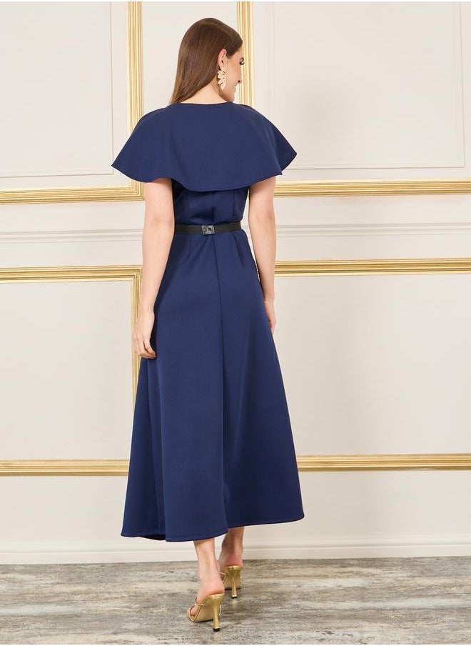 Styli Styli Pleated Cape Sleeves Chain Accent Belted A-Line Midi Dress  - Image 4