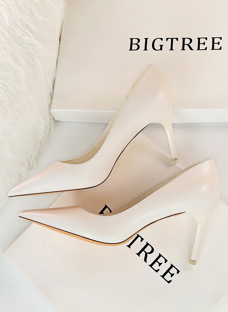 BIGTREE Women's Solid Color Elegant Stiletto Pumps 7.5CM Fashion Gorgeous Closed Pointed Toe Slip On Solid High Heels White  - Image 3