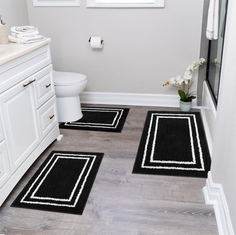 Uphome Bathroom Rugs Sets 3 Piece, Modern Black and White Bathroom Mat Set Non Slip Machine Washable, Soft Absorbent Bath Mat Set with U Shaped Toliet for Tub, Shower - Image 1