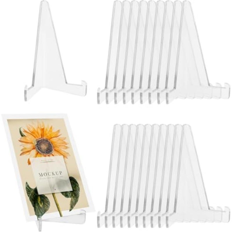 20 Pack Clear Triangle Acrylic Easel Stands for Display Mini Picture Frame Plate Holders Photo Holder Card Weddings Home Decoration 3.4Inch - Image 1